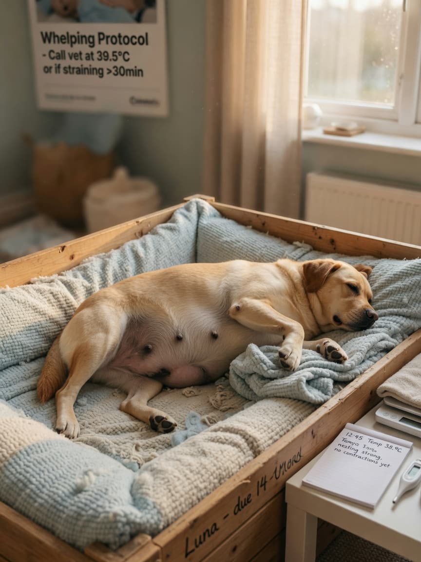Pregnant dog nesting in a whelping box with bedding, thermometer and notepad nearby for labor monitoring