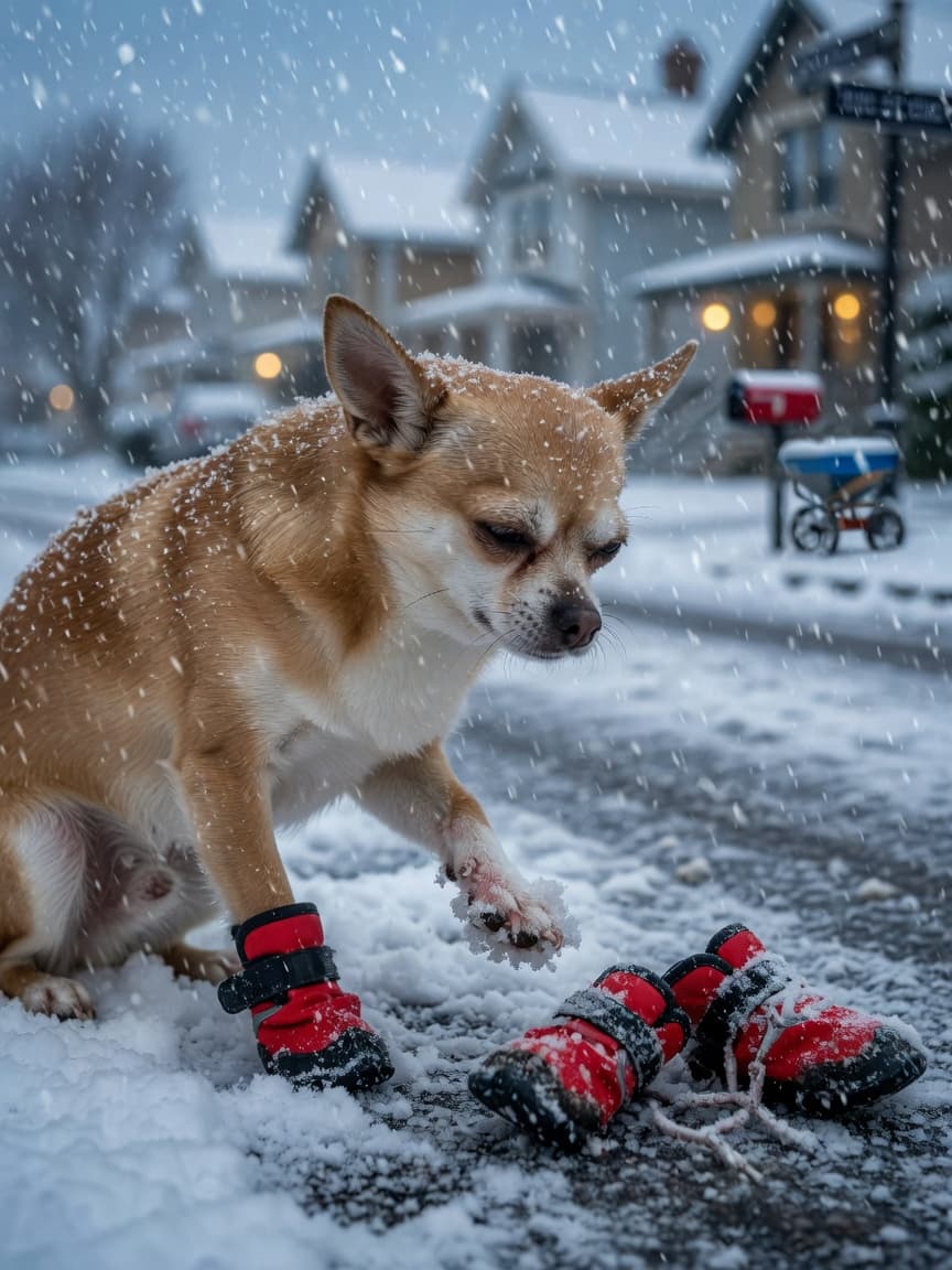 Small Chihuahua in snow wearing one protective boot, shivering with ice on paws, demonstrating need for winter paw protection