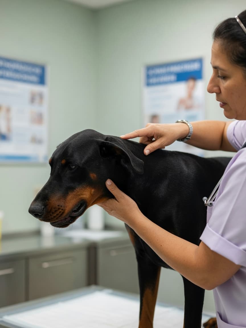 Veterinarian examining a Dobermann's neck and cervical spine area during physical examination for wobbler syndrome