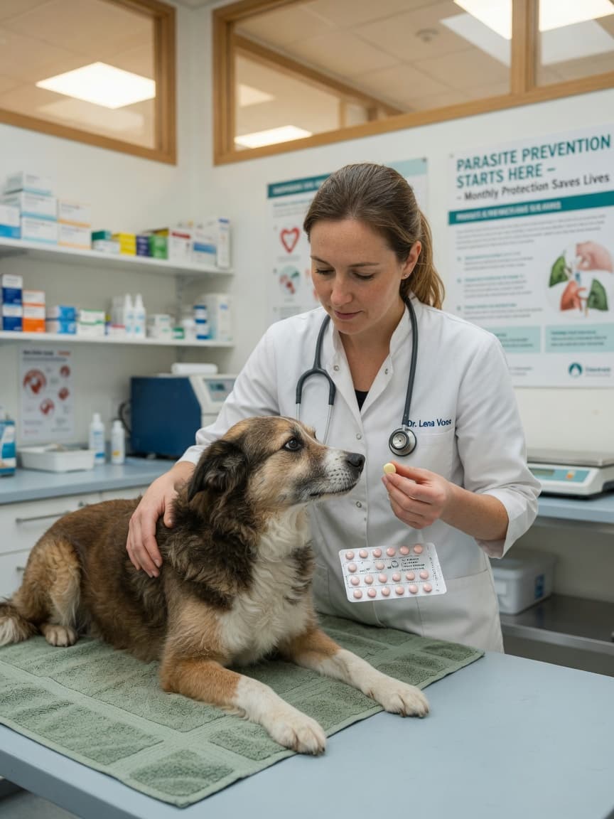 Veterinarian examining a dog and holding worming medication during a consultation