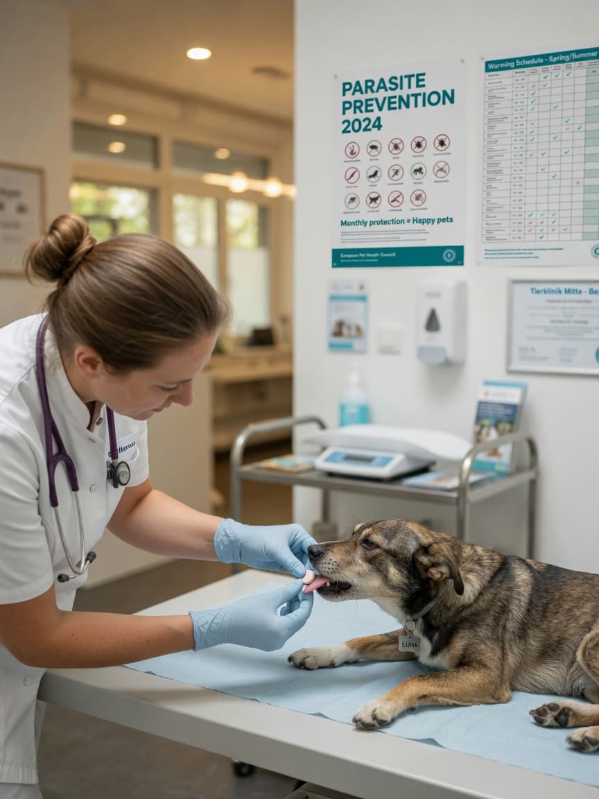 Veterinarian administering worming tablet to a dog during routine parasite prevention appointment in a European clinic