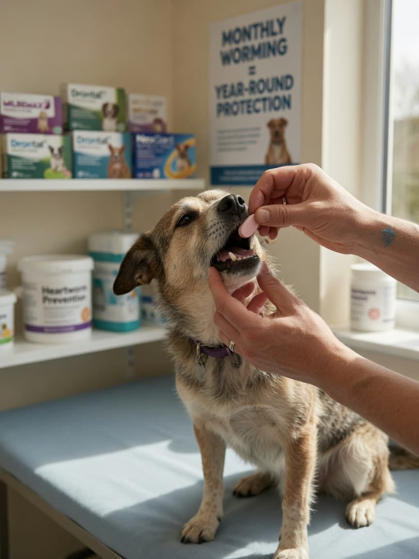 Veterinarian administering a worming treatment to a dog during a clinical consultation