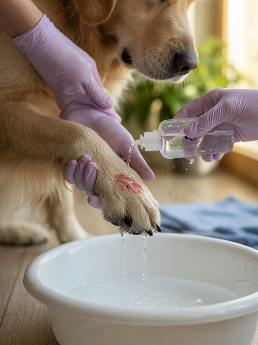 Owner cleaning dog's paw wound with sterile saline solution using a squeeze bottle and disposable gloves