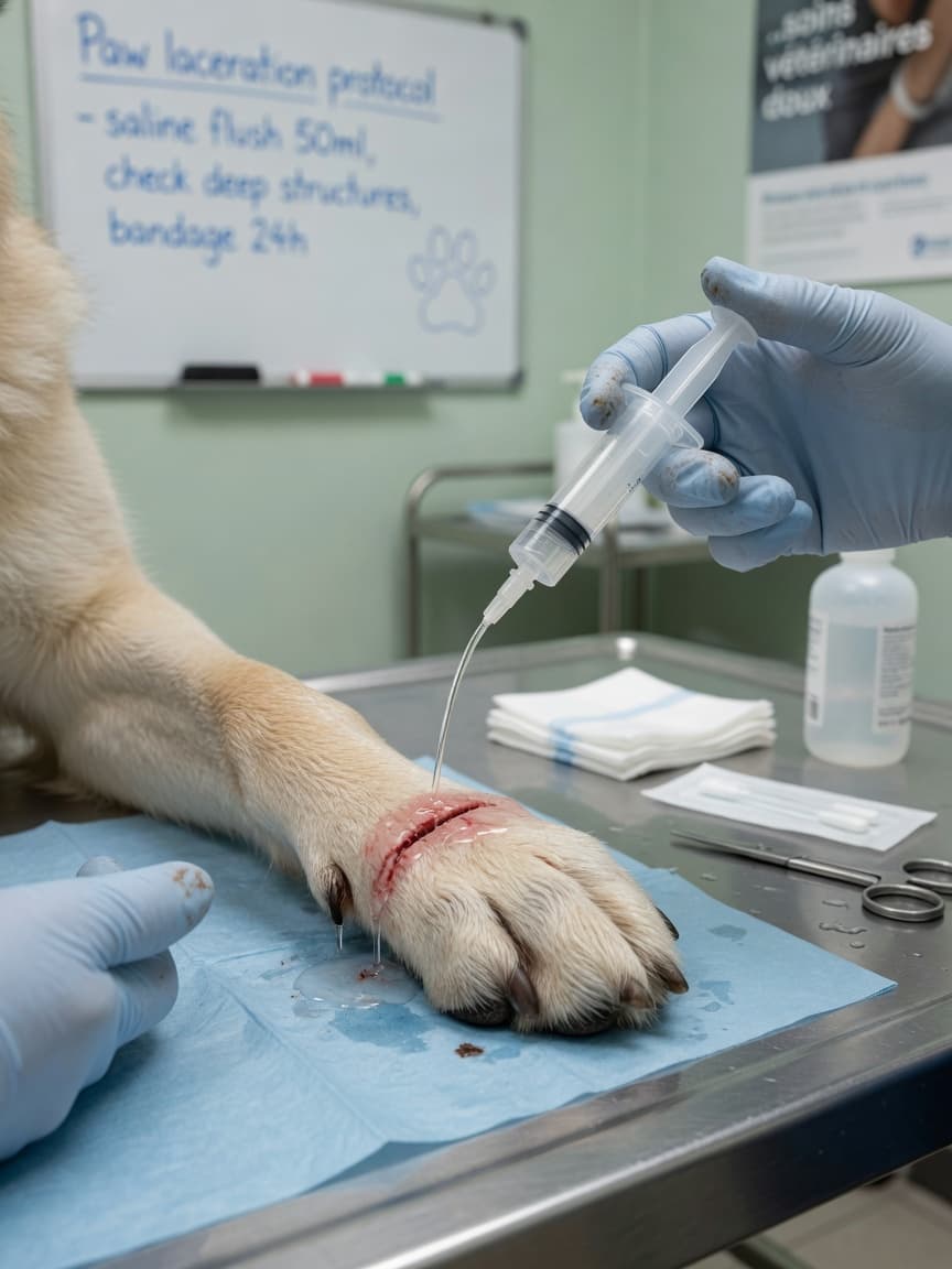 Veterinarian gently cleaning a dog's paw wound with sterile saline solution during first aid treatment