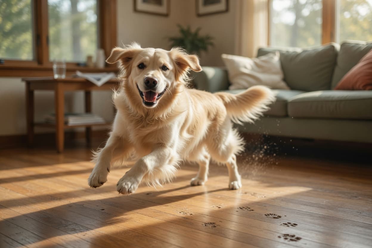 Golden retriever in motion during a zooming episode, body angled in a playful sprint with characteristic wide grin