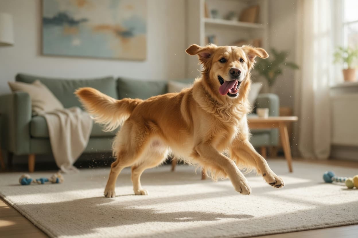Golden retriever in mid-zoom, running in circles across a bright living room floor with ears and fur flying
