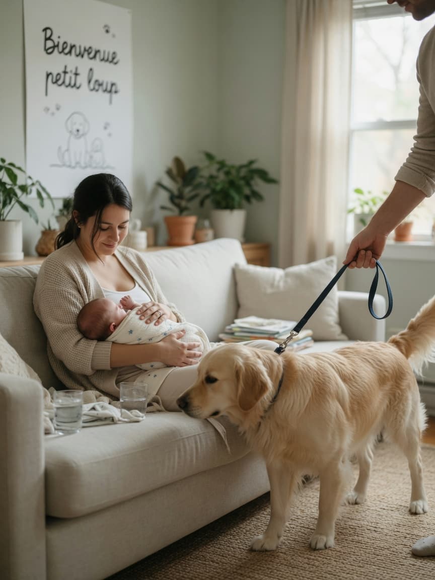 A mother holding a newborn baby on a sofa while a golden retriever with cream coat gently approaches on a loose leash, demonstrating safe introduction between dog and baby
