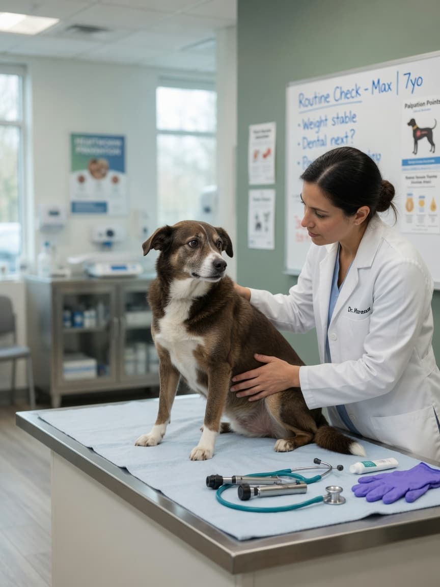 Veterinarian examining a dog's abdomen during a gut health assessment in a bright clinic