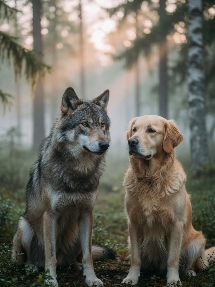 Grey wolf and golden retriever together in misty forest, symbolizing the evolution from wild predator to domestic companion