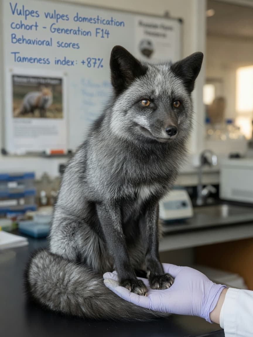 A domesticated silver fox with silvery coat and dark ears being gently held by a researcher's gloved hand, displaying calm and docile behavior