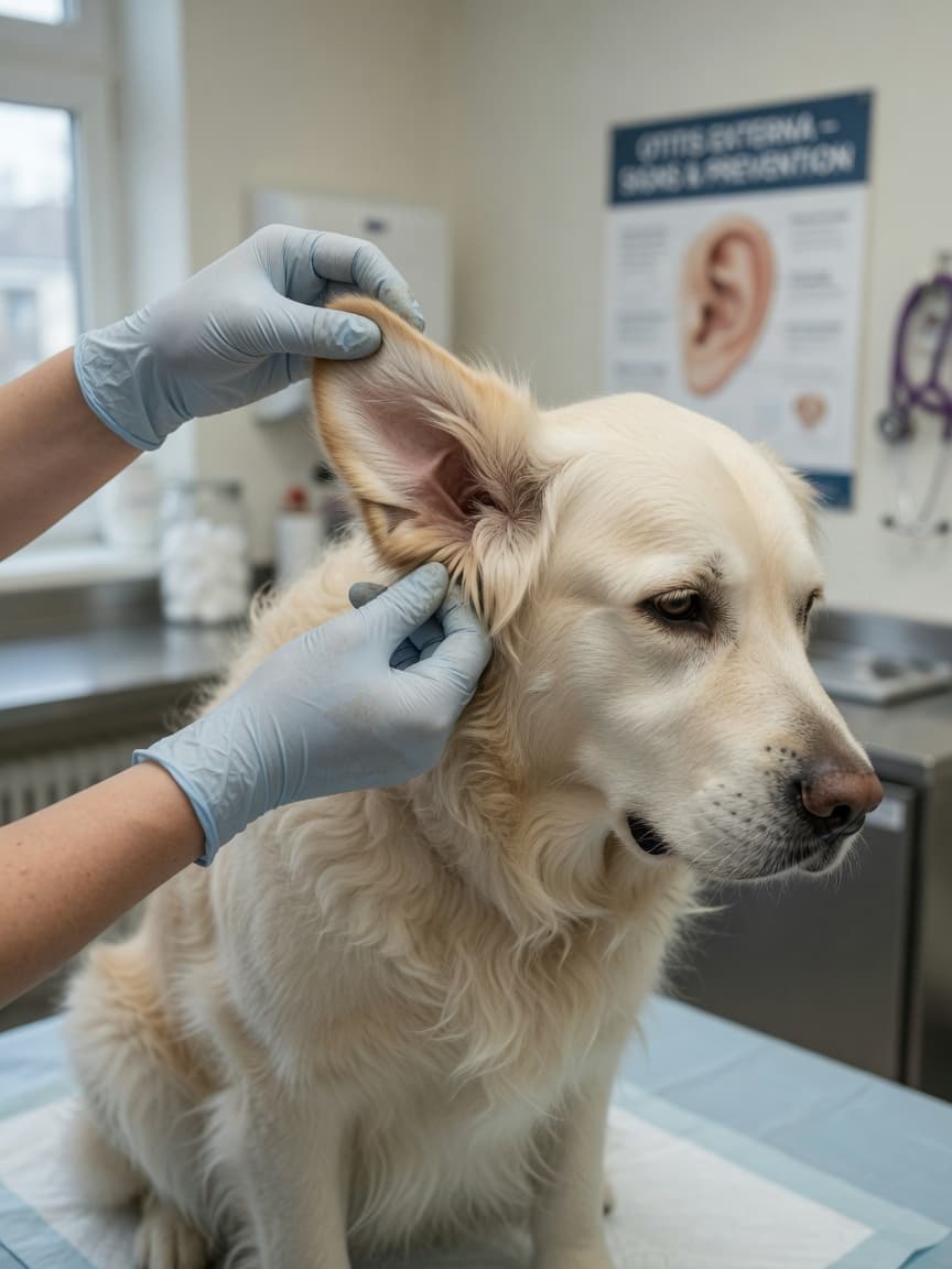 Veterinarian examining a golden retriever's ear canal by gently lifting the ear flap during an ear inspection