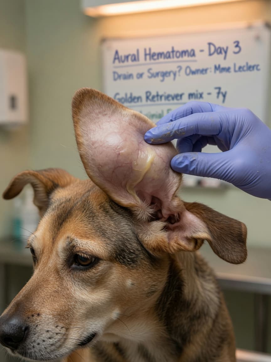 Veterinarian examining a dog's swollen ear flap with visible fluid accumulation, demonstrating aural haematoma condition