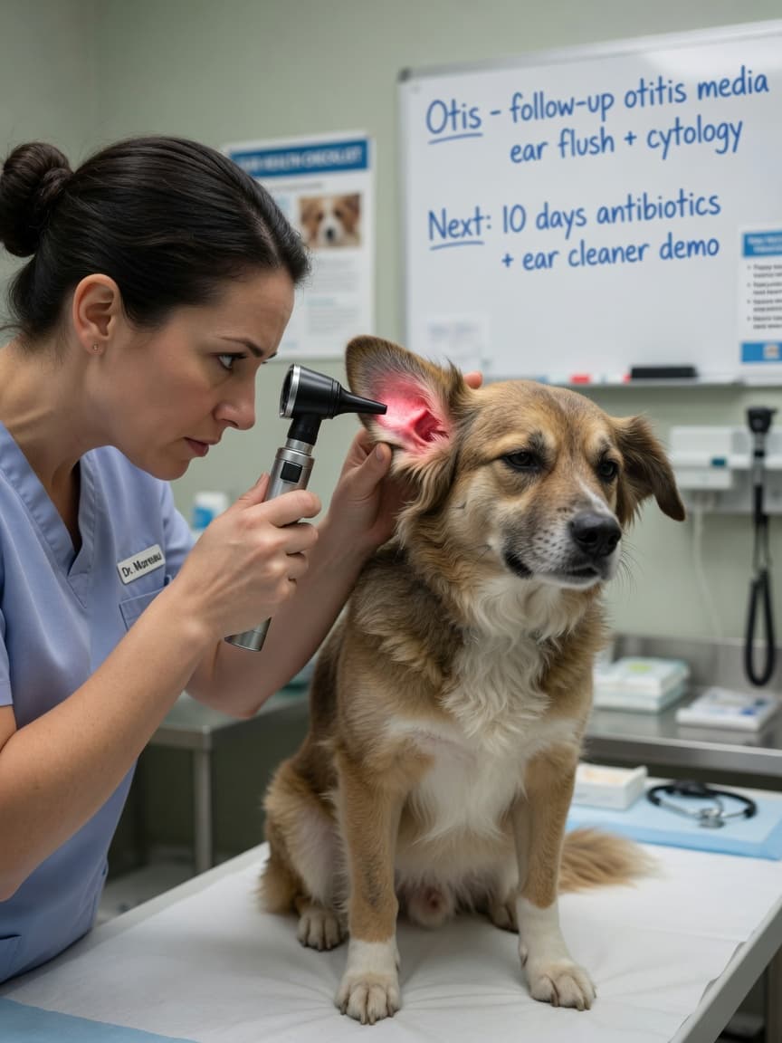Veterinarian examining a dog's ear with an otoscope during a clinical examination