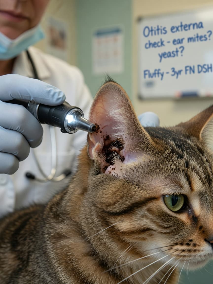 Veterinarian examining a tabby cat's ear with an otoscope, showing dark crumbly discharge characteristic of ear mites