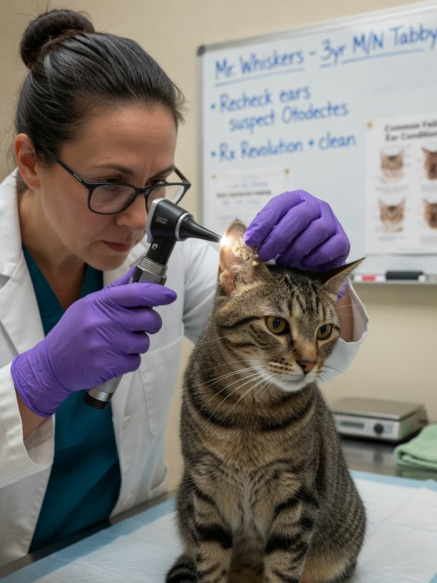 Veterinarian examining a cat's ear with an otoscope during a clinical examination
