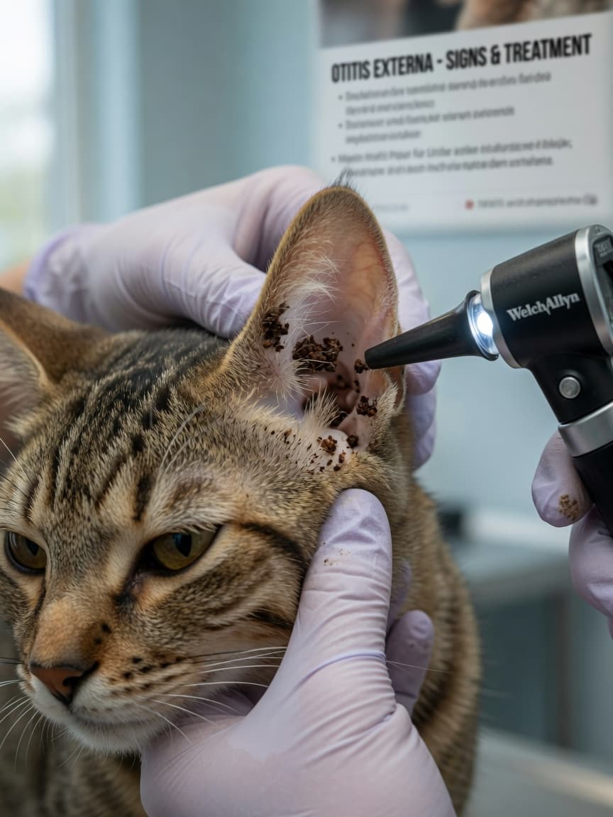 Veterinarian examining a cat's ear with an otoscope to diagnose ear mites