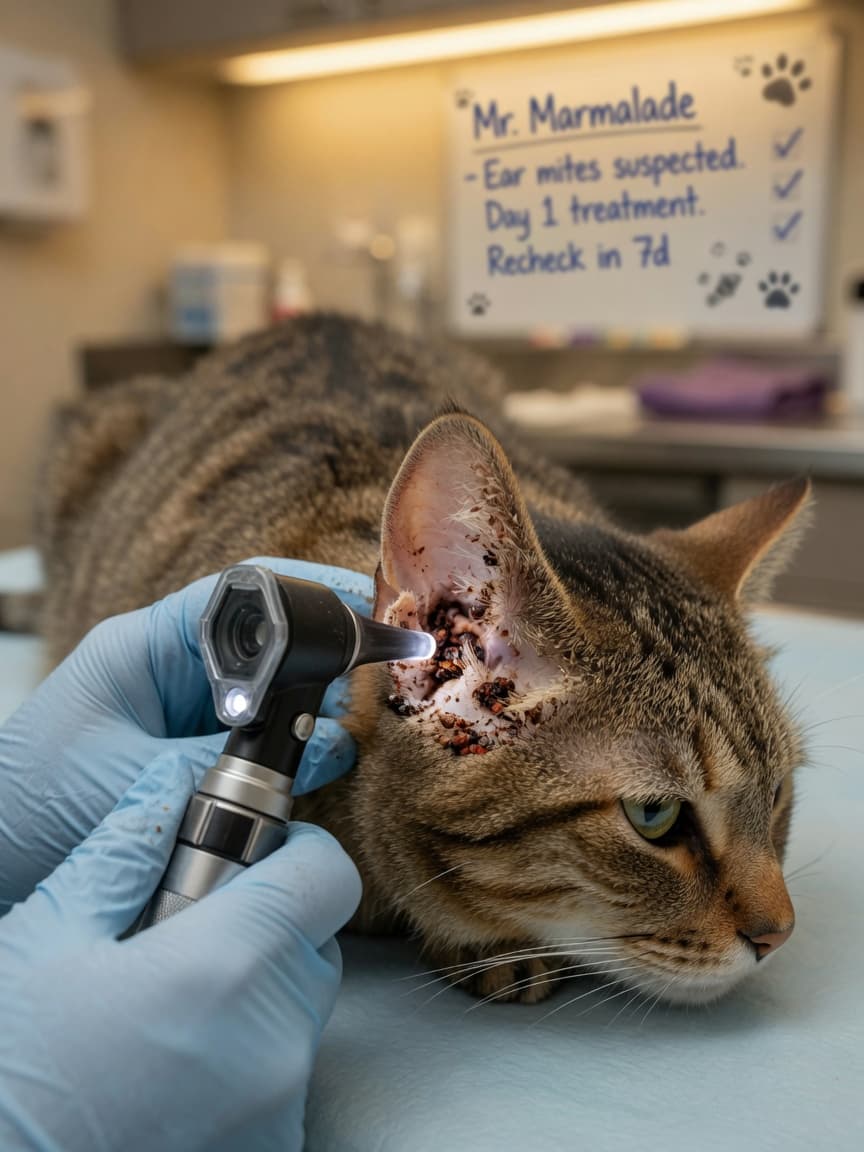 Veterinarian examining a cat's ear with an otoscope to diagnose ear mites, showing dark debris in the ear canal