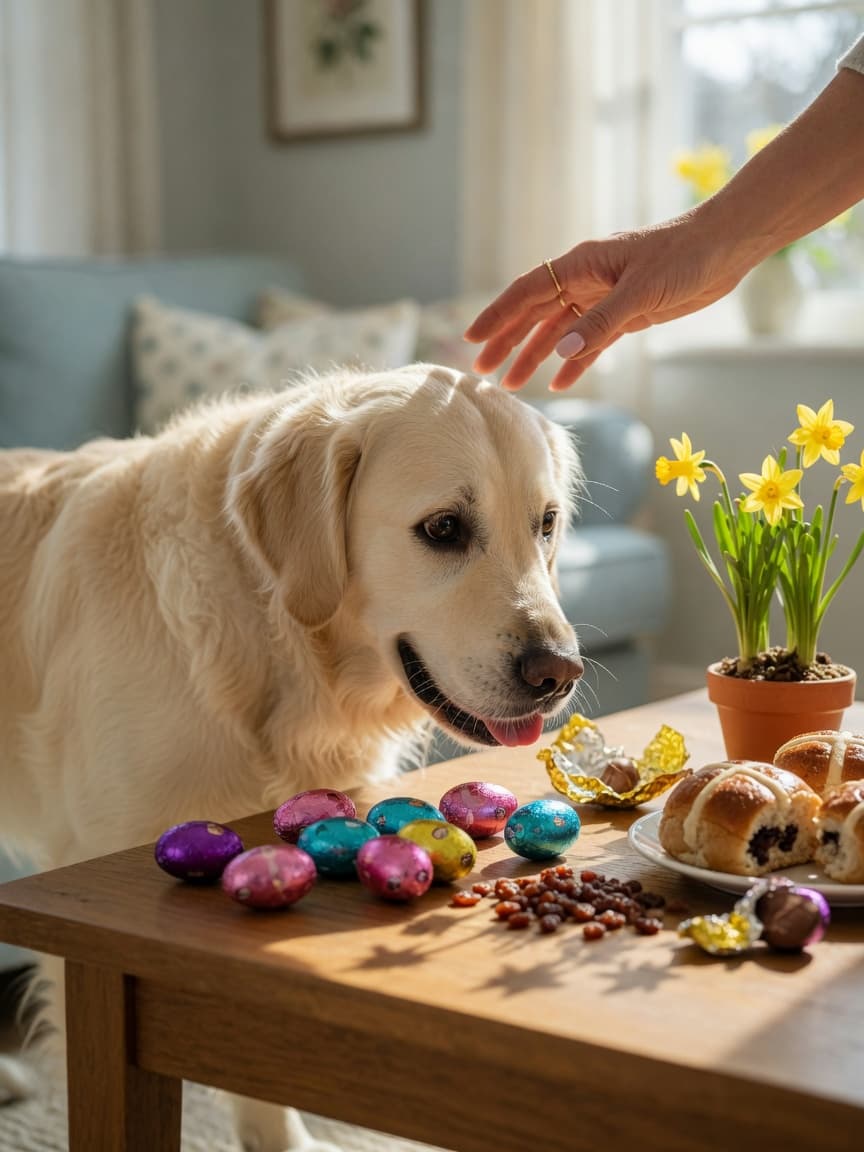 Golden retriever approaching Easter hazards on a coffee table including chocolate eggs, hot cross buns, daffodils and raisins, with a protective hand reaching toward the dog