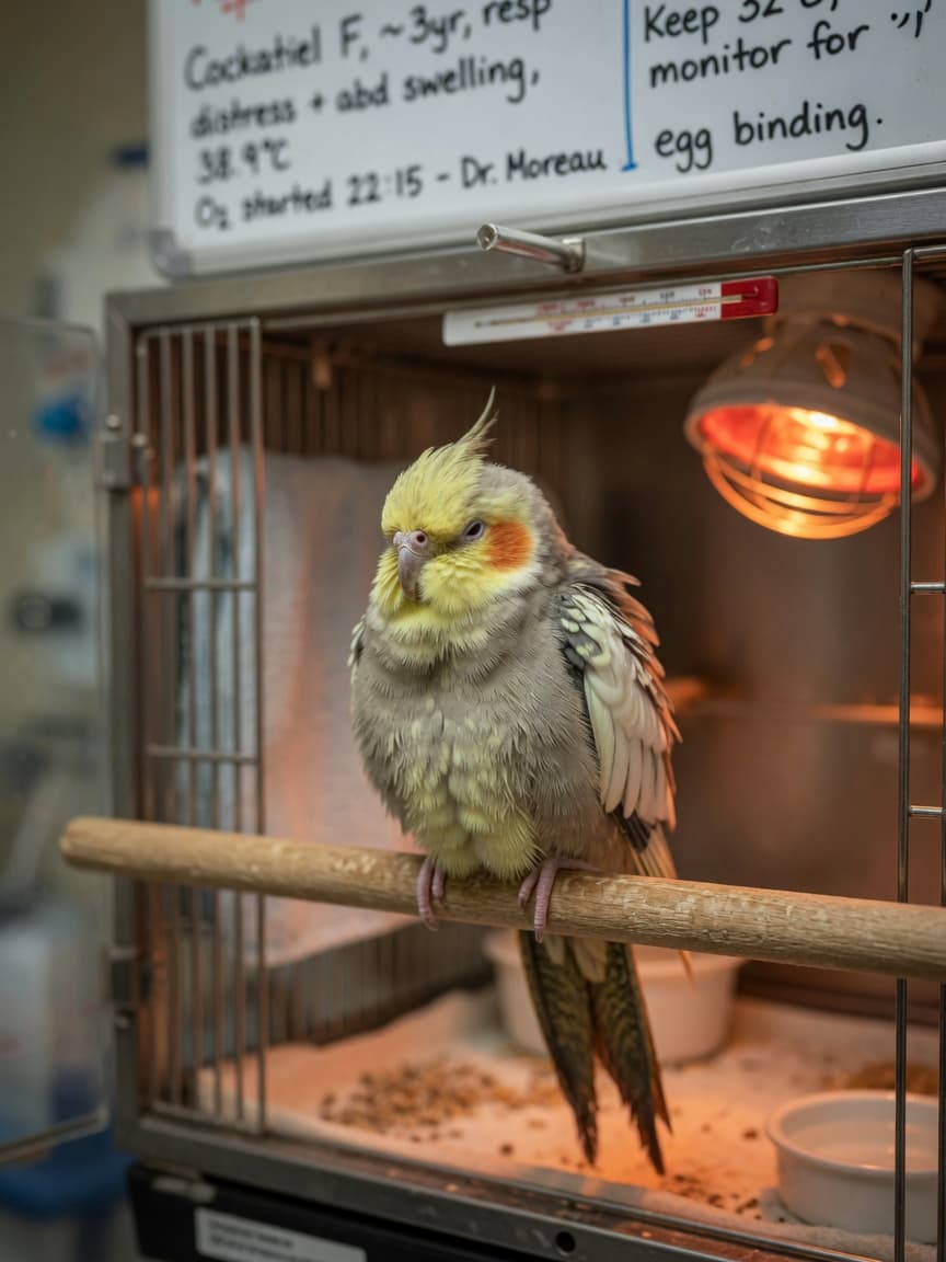 A fluffed, distressed small bird showing signs of egg binding, sitting low on a perch in a warm hospital cage with heating lamp visible