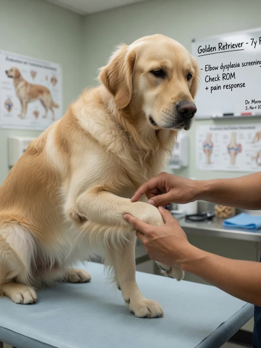 Veterinarian examining a Golden Retriever's elbow joint during orthopaedic examination