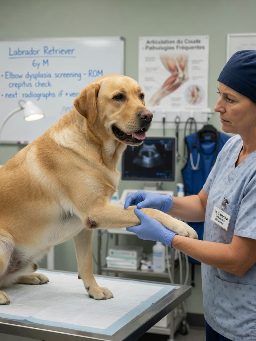Veterinary orthopaedic specialist performing elbow joint palpation examination on a yellow Labrador Retriever during clinical assessment for elbow dysplasia