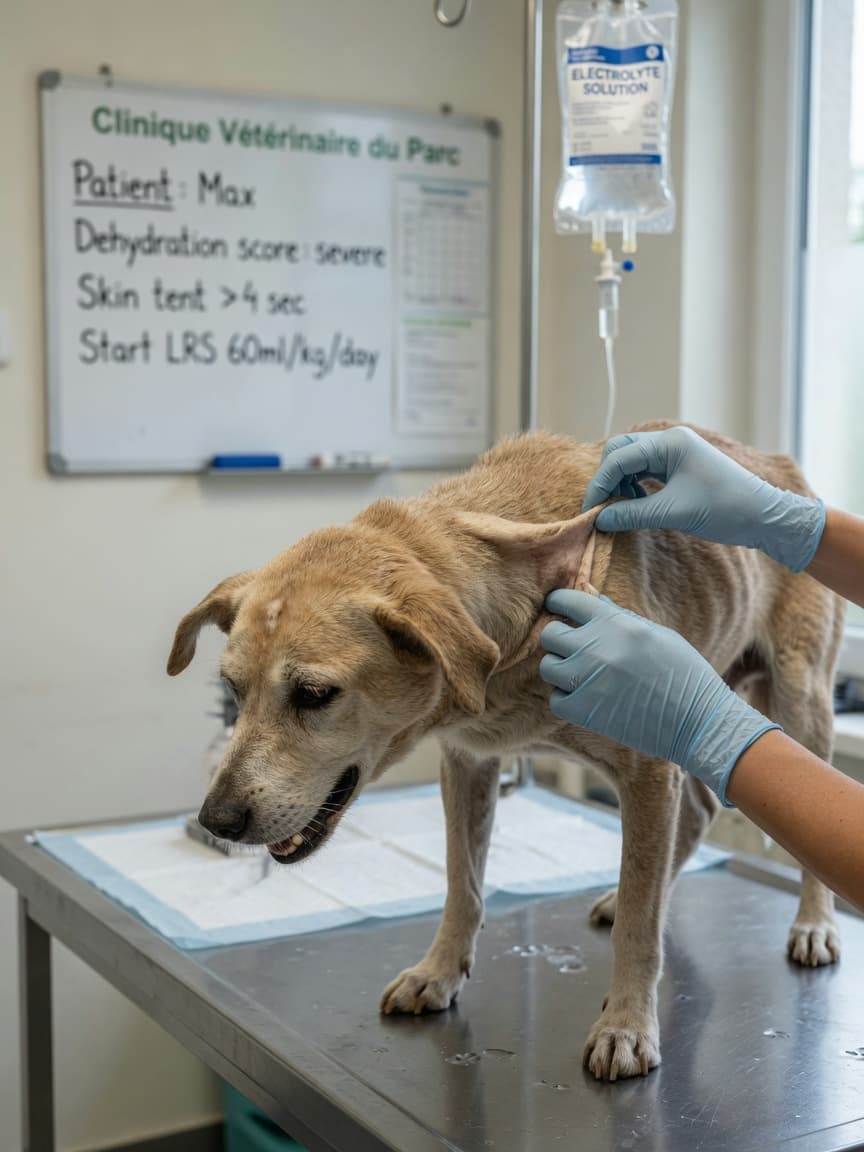 Veterinarian performing skin turgor test on dehydrated dog during clinical examination