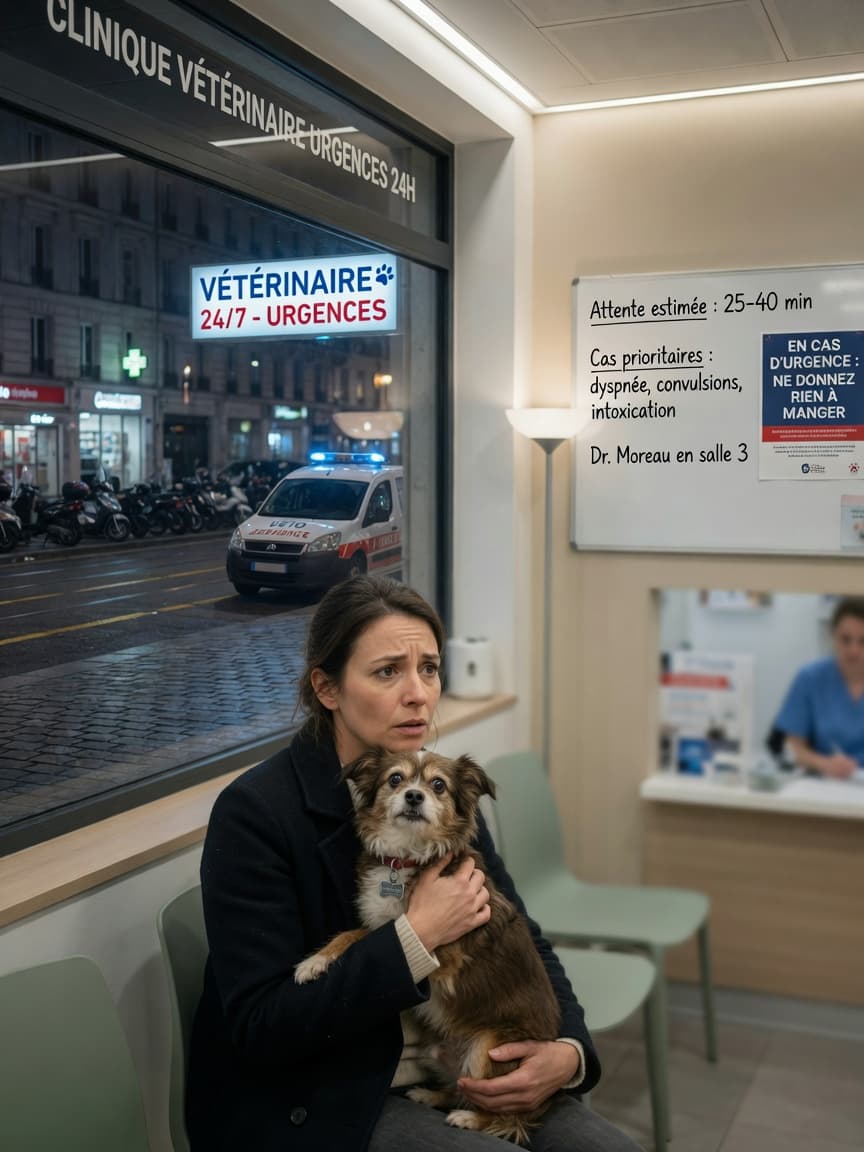 Pet owner holding distressed dog in emergency vet clinic waiting room at night