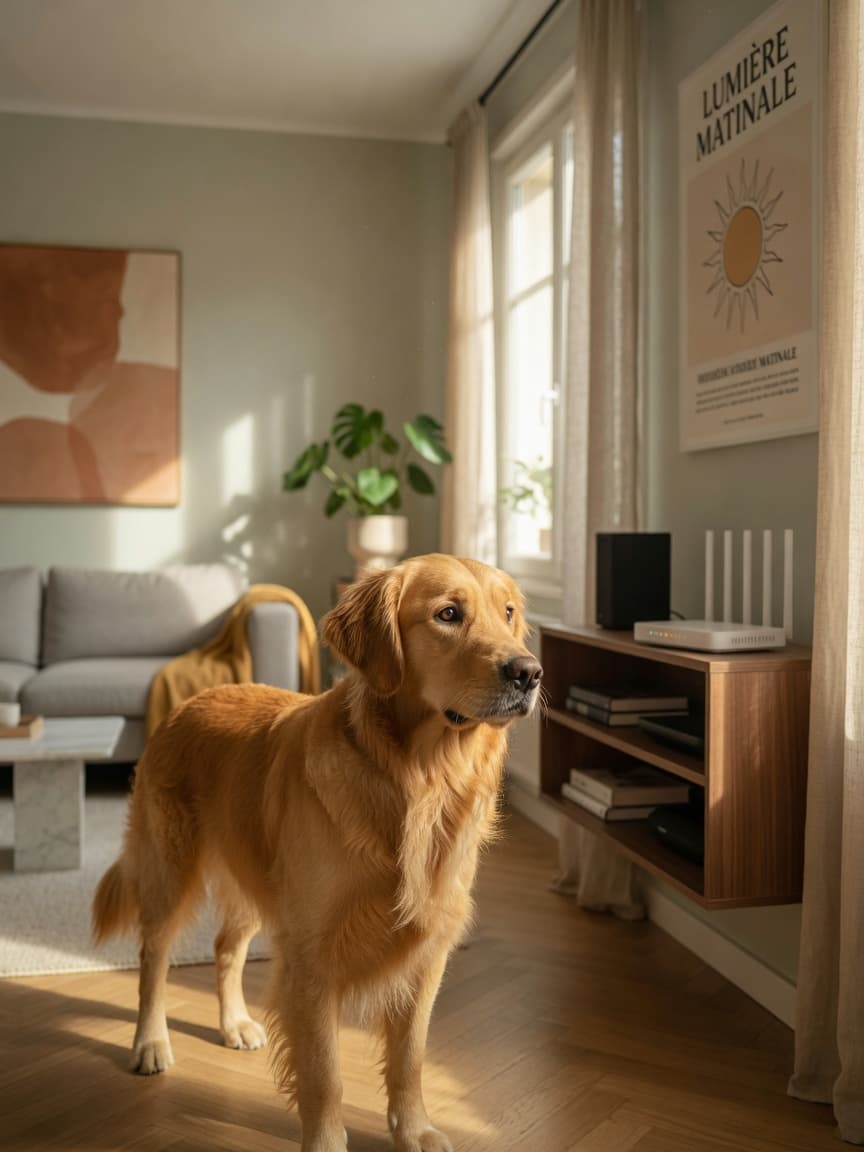 Golden retriever looking at a WiFi router from across a living room, illustrating safe distance awareness