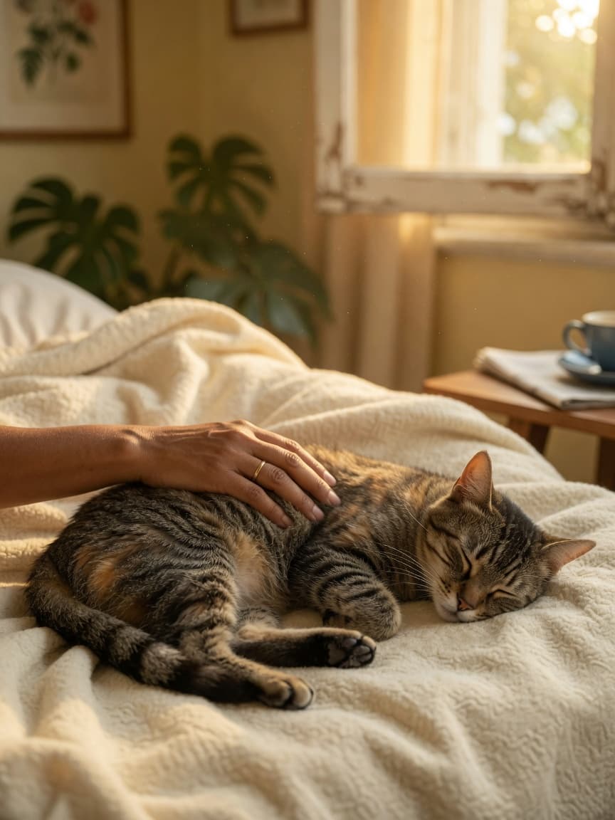 Elderly cat resting peacefully on soft blanket with owner's gentle hand nearby in warm window light