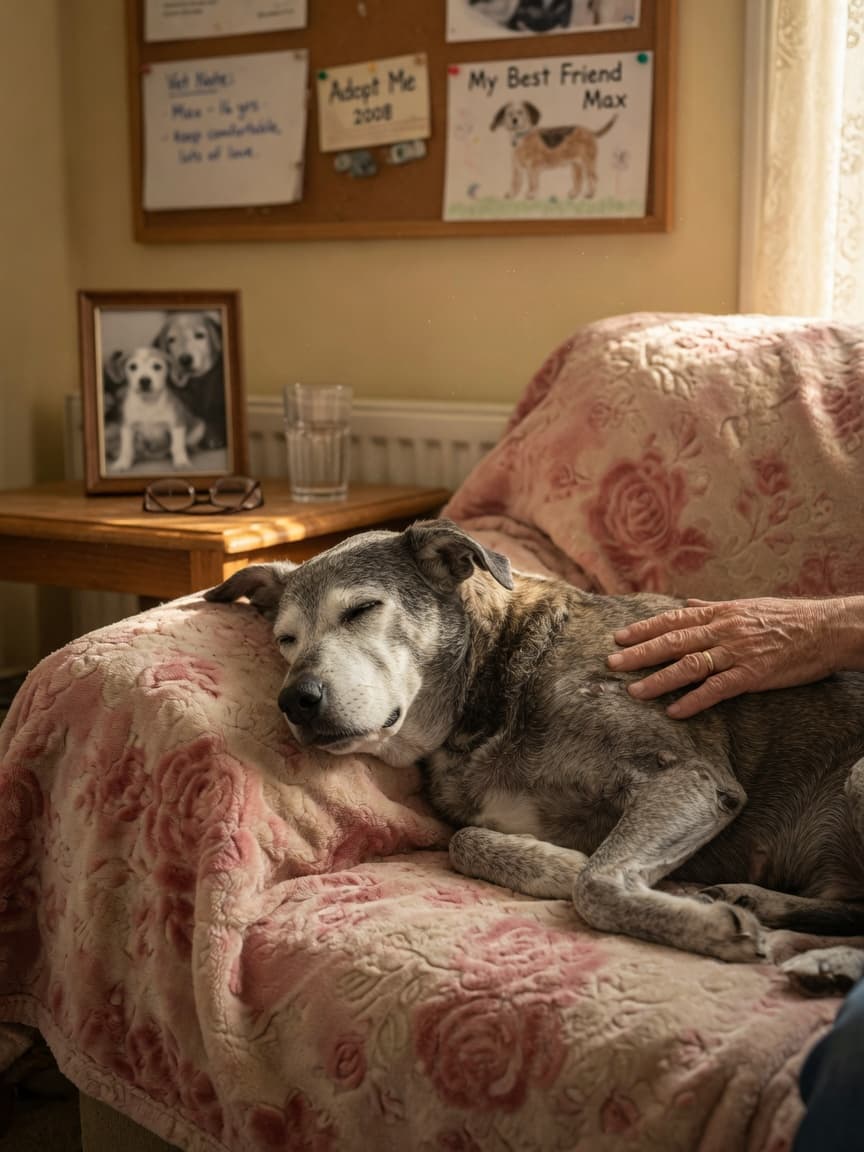 Elderly dog resting peacefully on soft blanket with owner's hand gently resting on its side in warm window light