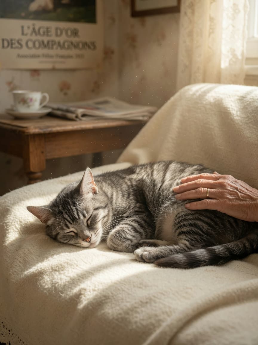 An elderly grey and white cat resting peacefully on a soft blanket with an owner's gentle hand nearby in warm window light