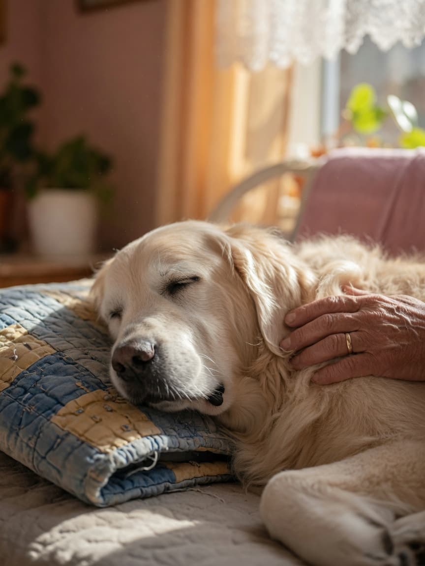 An elderly golden retriever resting peacefully on a soft bed with a caregiver's hand gently on its shoulder, bathed in warm natural light