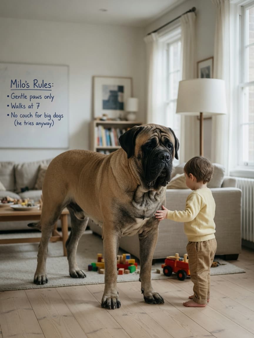 A large fawn English Mastiff with black mask standing calmly beside a young child in a bright living room, demonstrating the breed's gentle temperament and imposing size.