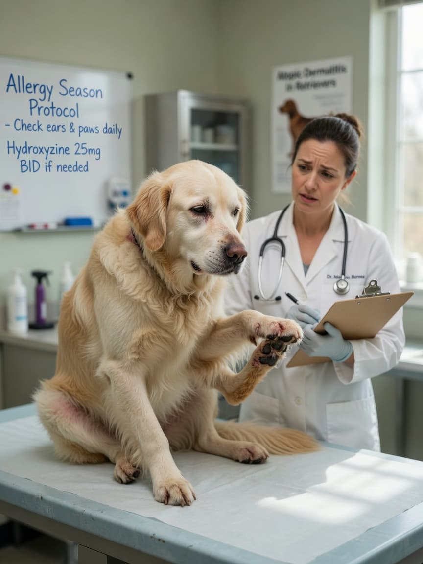 Golden retriever intensely scratching paw during veterinary examination, showing signs of environmental allergies