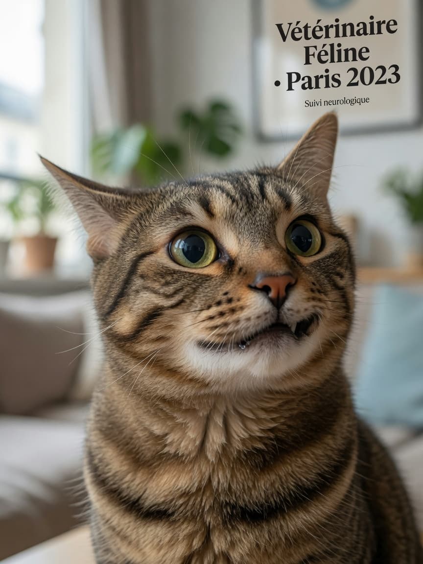 Close-up of a tabby cat's face showing dilated pupils and subtle facial twitching during a focal seizure