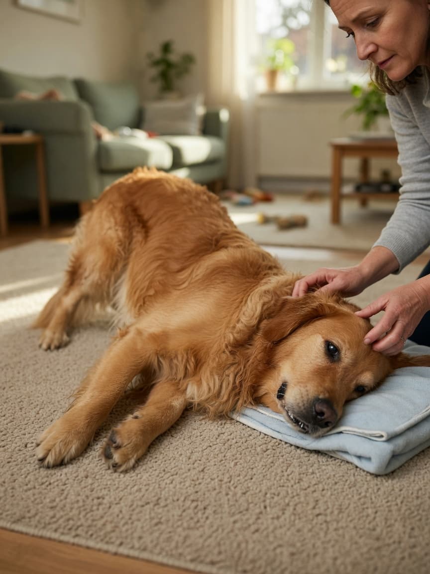 Golden retriever having a seizure on a carpeted floor with owner's hands gently supporting the dog's head with a folded blanket