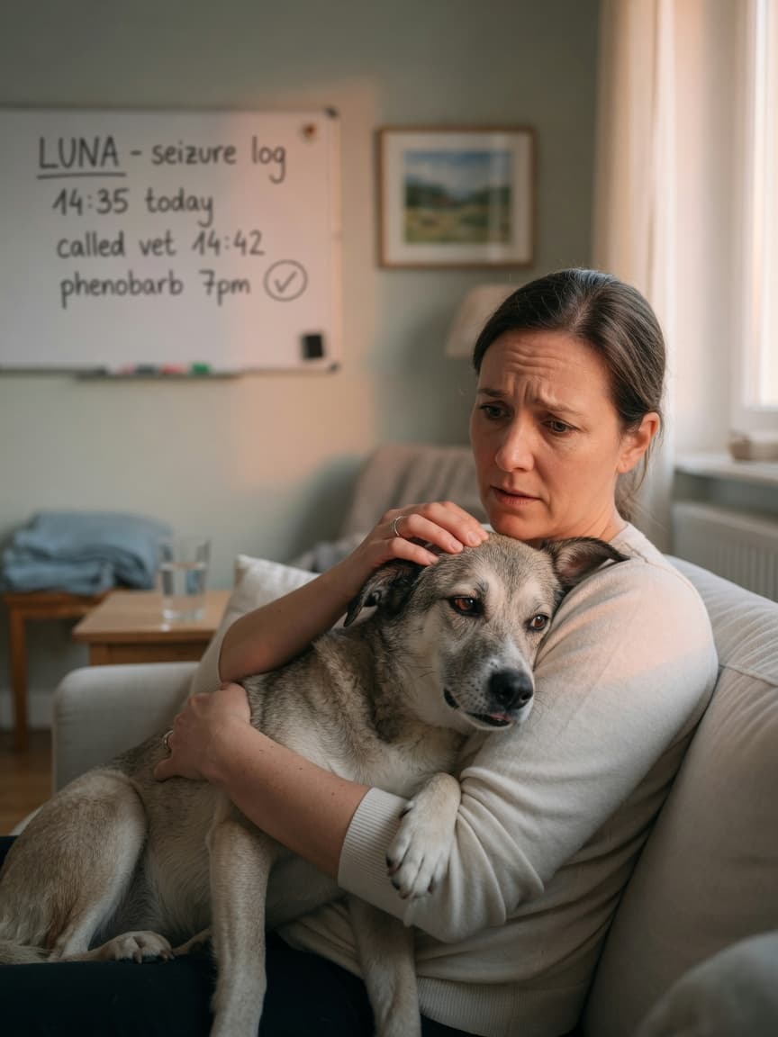 Concerned dog owner cradling their confused dog during post-seizure recovery in warm home lighting