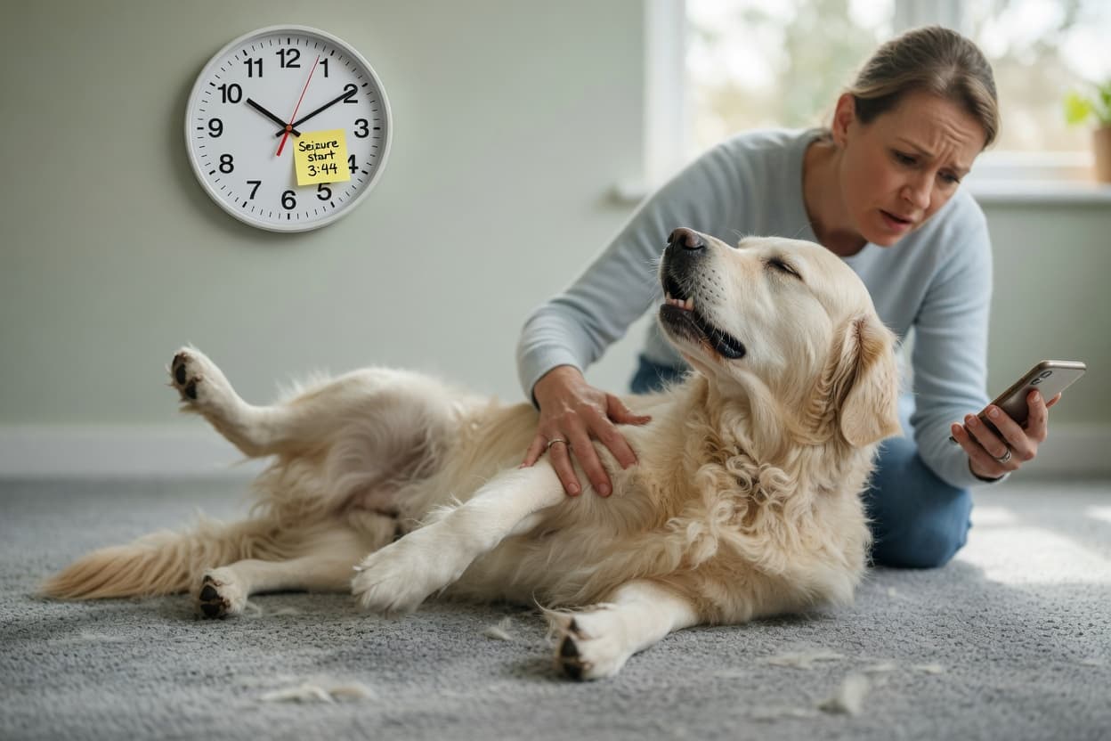 A Golden Retriever having a seizure on a home carpet with owner kneeling beside, timing the episode with concern