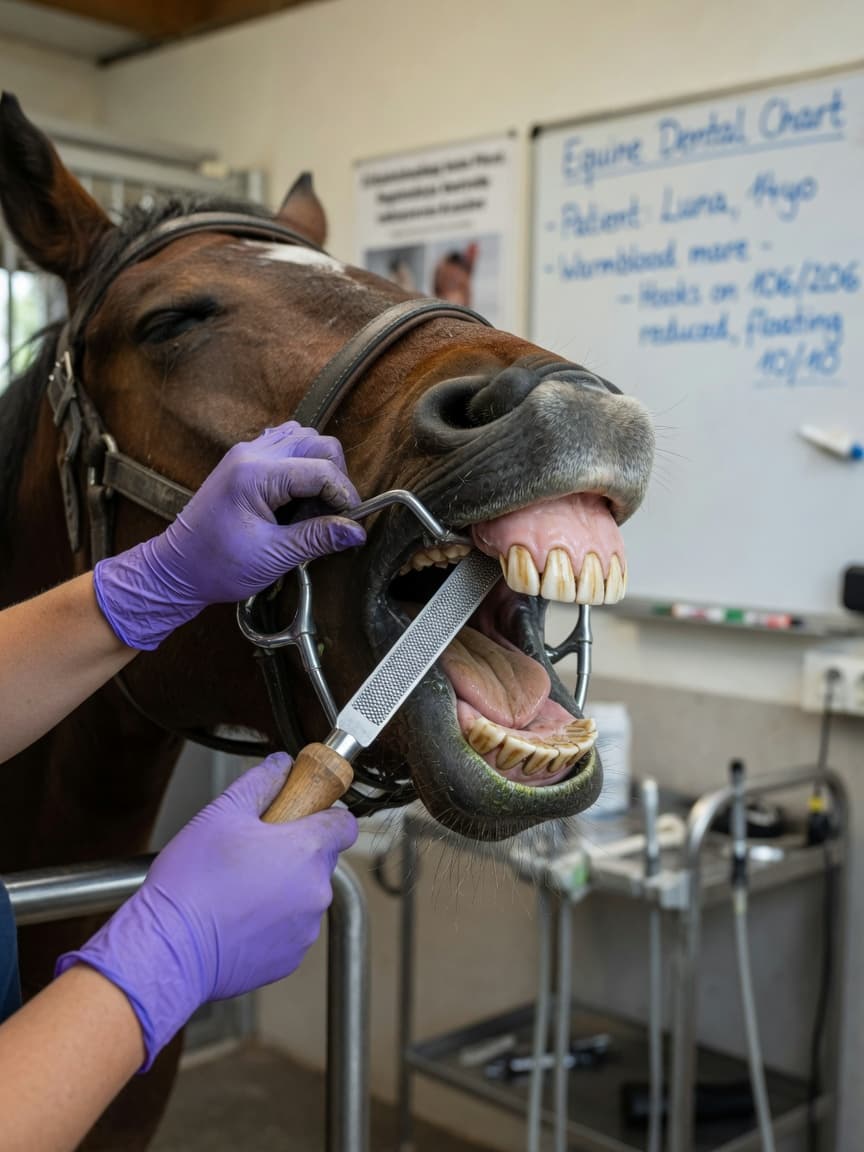 Equine dental technician performing floating procedure on a sedated horse using a dental rasp