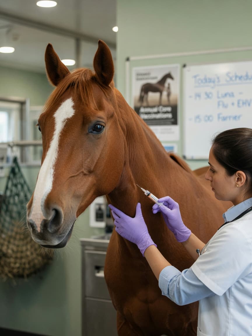 Veterinarian administering equine influenza vaccine injection to a chestnut horse
