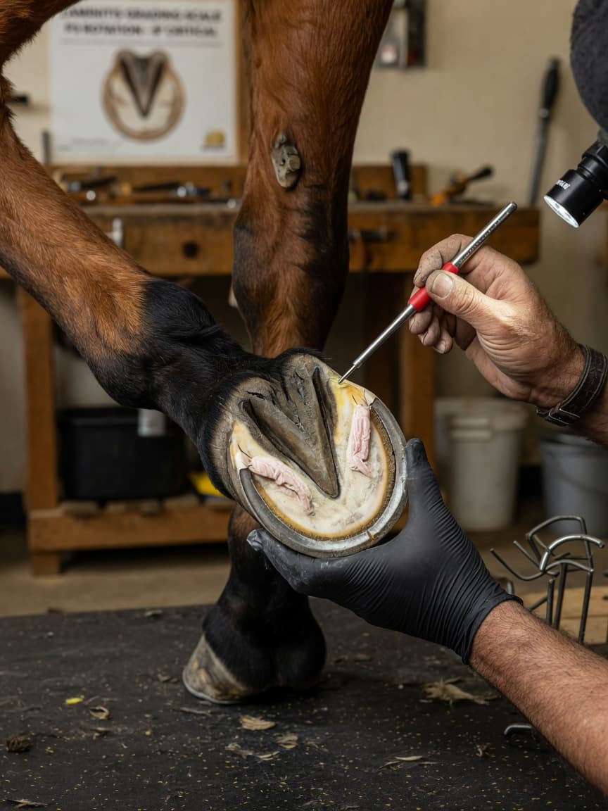 Farrier examining a horse's hoof for laminitis, hands visible as he assesses the pedal bone alignment and laminae structure