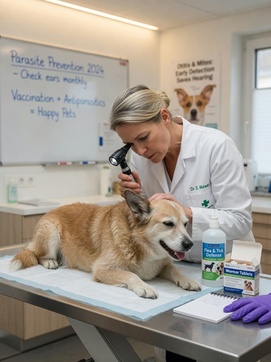Veterinarian examining a dog for parasites during a clinical consultation in a modern European veterinary clinic