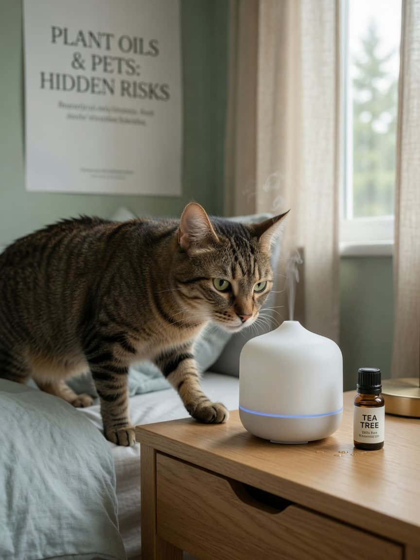 Tabby cat with green eyes sniffing suspiciously at an essential oil diffuser on a bedside table with a bottle of tea tree oil nearby