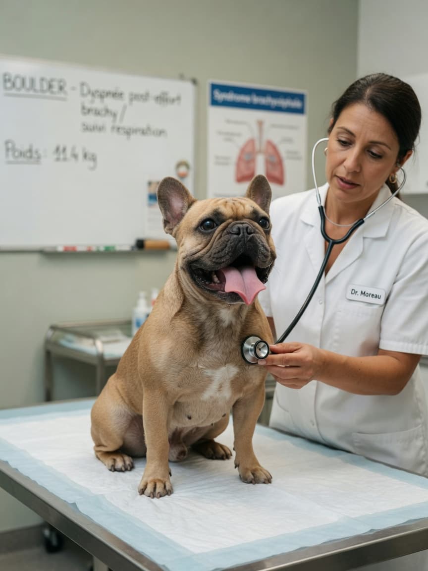 French Bulldog with fawn coat breathing heavily during veterinary examination while vet listens with stethoscope