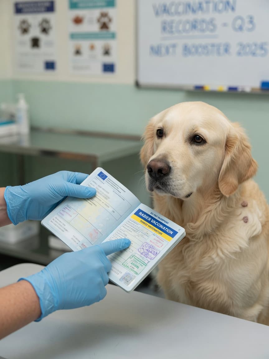 Veterinarian showing an open EU Pet Passport booklet next to a golden retriever on an examination table