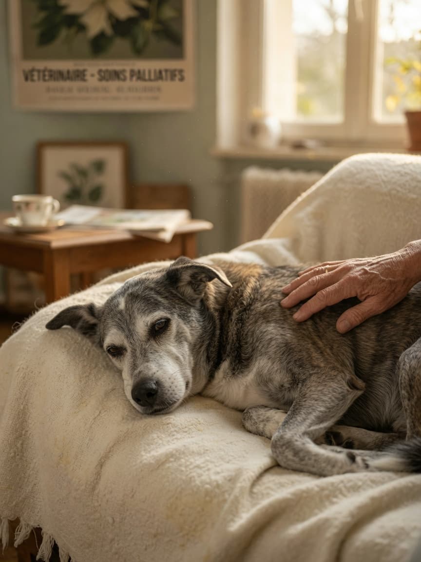 Elderly dog resting peacefully on a soft blanket with owner's gentle hand on its side in warm window light