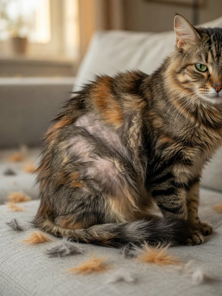 Close-up of a tabby cat showing excessive shedding and patchy hair loss on its body while sitting on a gray sofa