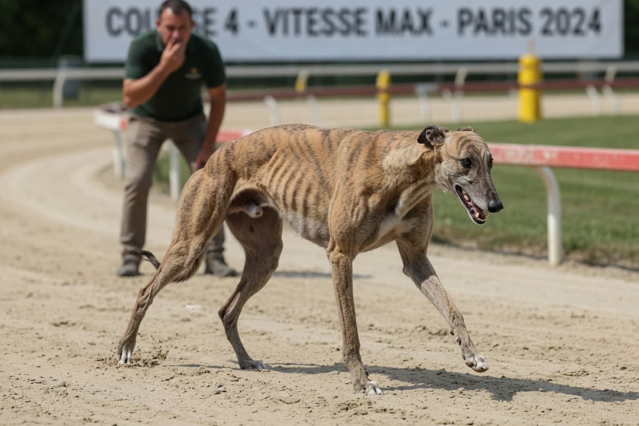 Greyhound racing dog showing signs of muscle distress during track event with handler observing