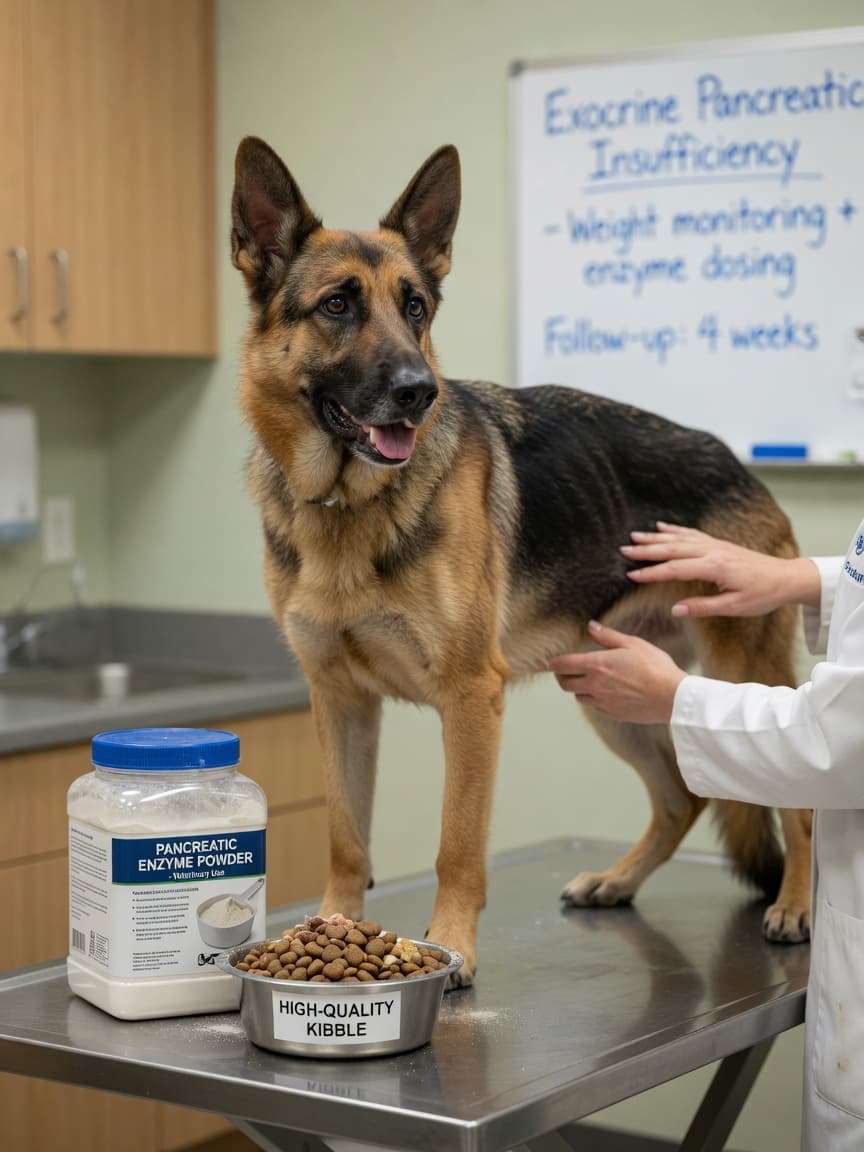 A thin German Shepherd Dog being examined by a veterinarian, with enzyme supplement and food visible on the table