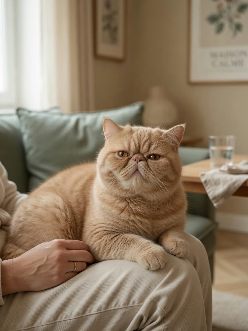 An Exotic Shorthair cat with a flat face, large round eyes, and plush cream-colored coat sitting contentedly on an owner's lap in a warm, quiet home setting